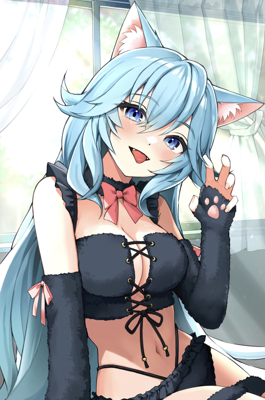 :d absurdres animal_ear_fluff animal_ears aqua_hair bare_shoulders black_bra black_choker black_panties blue_eyes blue_hair bow bowtie bra breasts cat_ears choker claw_pose cleavage curtains detached_sleeves fangs female frilled_bra frilled_panties frills hand_up head_tilt highleg highres indie_virtual_youtuber indoors kanase_ito large_breasts lingerie long_hair long_sleeves looking_at_viewer midriff navel open_mouth panties smile solo stomach tate_yukimi thigh_strap tongue tongue_out underwear underwear_only very_long_hair virtual_youtuber window