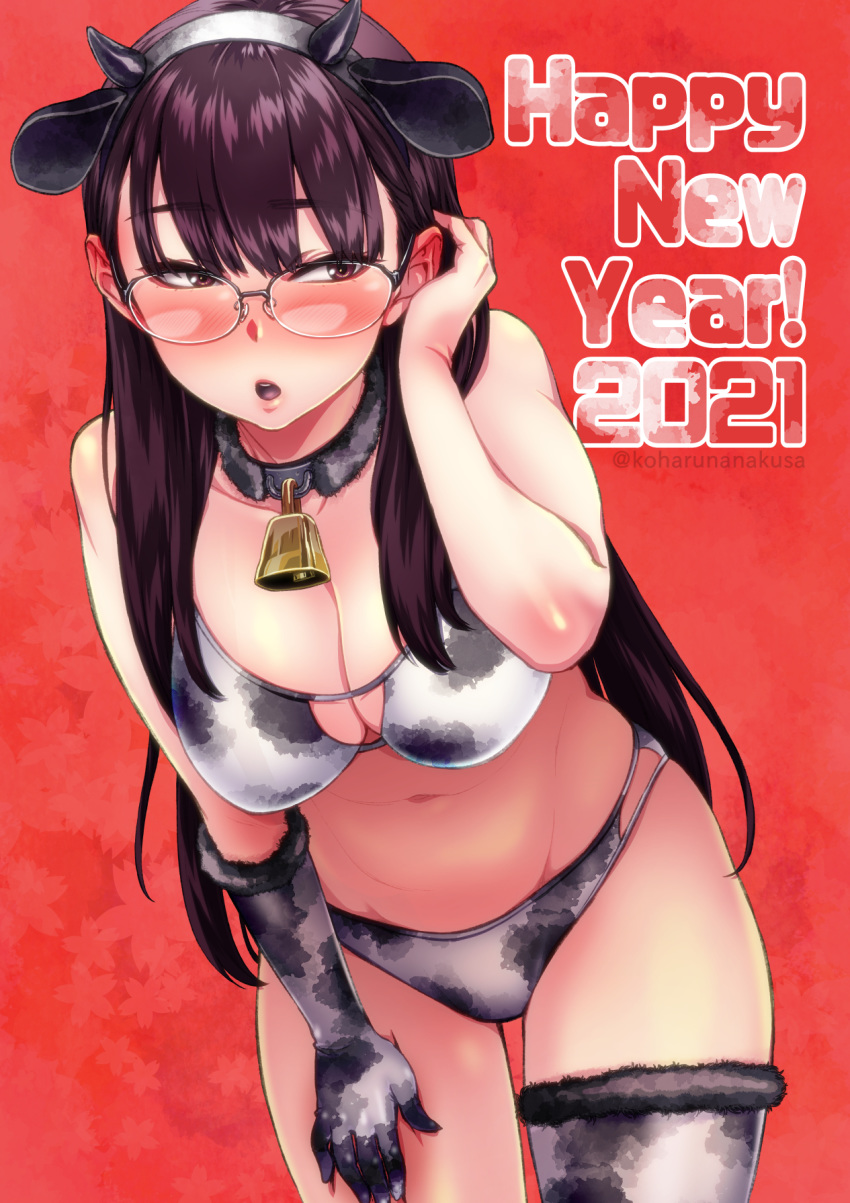 2021 animal_ears animal_print asymmetrical_legwear bell bikini blush breasts chinese_zodiac collar cow_ears cow_print cow_print_bikini elbow_gloves female glasses gloves hairband happy_new_year highres kasuga_shun neck_bell new_year open_mouth original print_bikini red_eyes single_thighhigh solo swimsuit thighhighs uneven_legwear year_of_the_ox