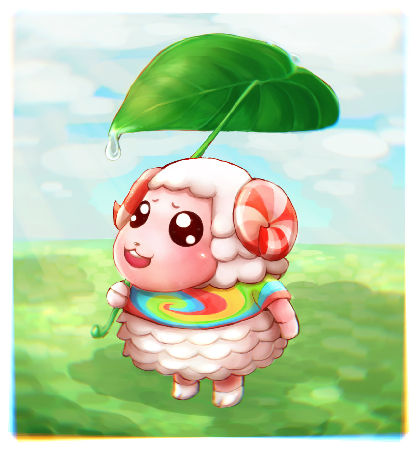 1boy absurdres animal_crossing blush cloud dom_(animal_crossing) furry furry_male grass highres horns leaf male_focus open_mouth outdoors sanomi_pori sheep_boy sheep_horns sky solo teeth