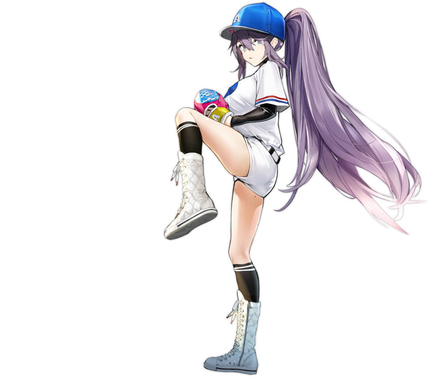 arm_warmers azur_lane baseball baseball_cap baseball_mitt belt bird black_socks blue_eyes chick diffraction_spikes female grey_hair hair_between_eyes hair_through_headwear hat highres intrepid_(azur_lane) intrepid_(one_intrepid_pitch)_(azur_lane) kneehighs leg_up long_hair looking_at_viewer manjuu_(azur_lane) mole mole_on_thigh official_alternate_costume official_art ponytail shirt shoes short_shorts short_sleeves shorts sidelocks sneakers socks solo standing standing_on_one_leg thighs transparent_background very_long_hair white_footwear white_shirt white_shorts xiao_chichi