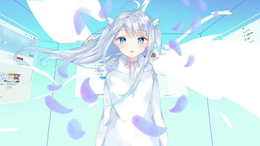 absurdres ahoge amatsuka_uto angel_wings asakura1540 blue_background blue_eyes blue_hair detached_sleeves dip-dyed_hair eyebrows_visible_through_hair female hair_ornament hairclip highres hood hoodie indie_virtual_youtuber looking_at_viewer open_mouth tagme twitter upper_body virtual_youtuber white_hoodie wings youtube