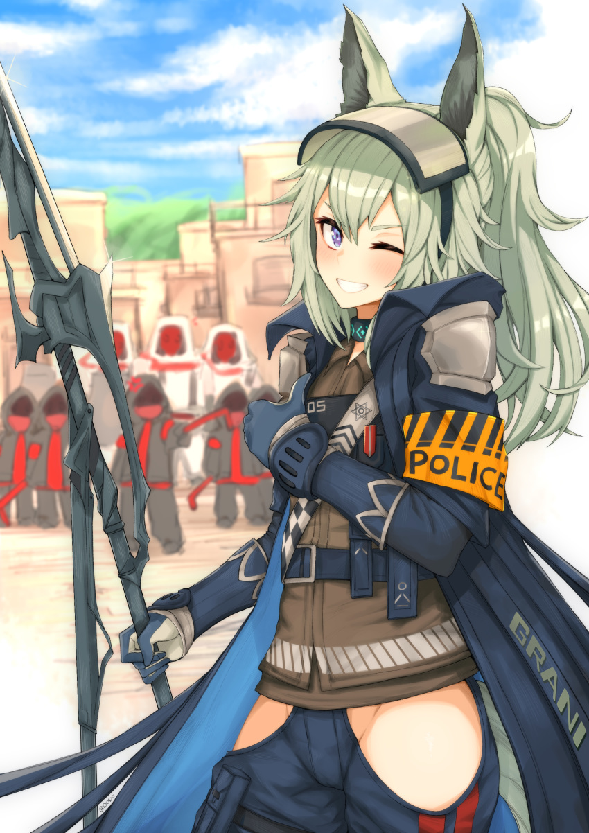 absurdres animal_ears arknights armband dodo_(yatotoyatoto) female gloves grani_(arknights) grey_hair grin highres hip_vent horse_ears long_coat no_panties one_eye_closed outdoors polearm ponytail purple_eyes reunion_soldier_(arknights) smile solo spear tail thumbs_up weapon