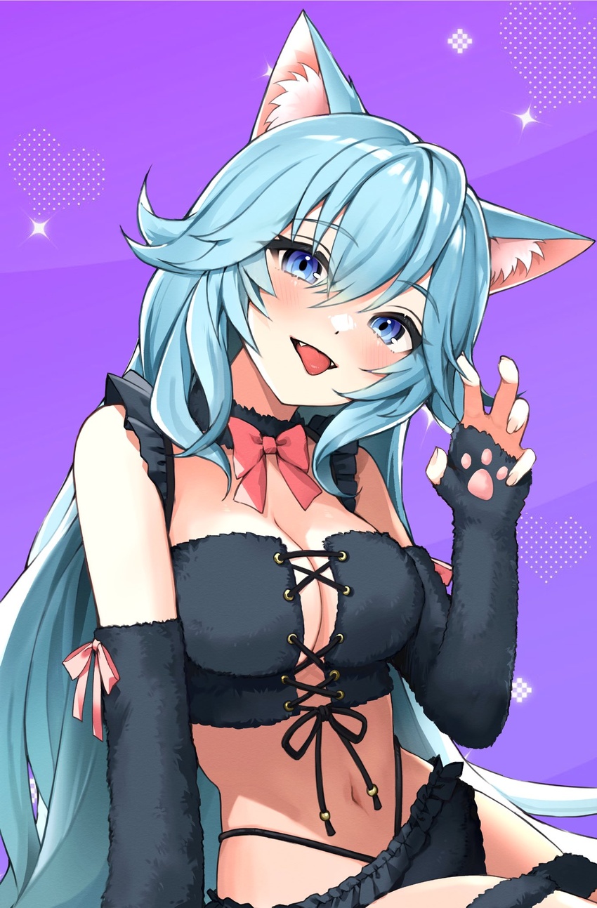 :d animal_ear_fluff animal_ears aqua_hair bare_shoulders black_bra black_choker black_panties blue_eyes blue_hair bow bowtie bra breasts cat_ears choker claw_pose cleavage detached_sleeves fangs female frilled_bra frilled_panties frills hand_up head_tilt highleg highres indie_virtual_youtuber kanase_ito large_breasts lingerie long_hair long_sleeves looking_at_viewer midriff navel open_mouth panties purple_background smile solo stomach tate_yukimi thigh_strap tongue tongue_out underwear underwear_only very_long_hair virtual_youtuber