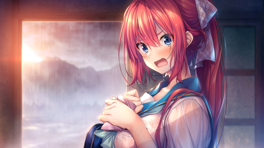 ainokura_kazuha amanatsu blue_eyes blush breasts day dripping female game_cg gintarou_(kurousagi108) highres indoors large_breasts long_hair mole mole_under_eye official_art photoshop_(medium) rain red_hair shirt solo upper_body wet wet_clothes wet_shirt