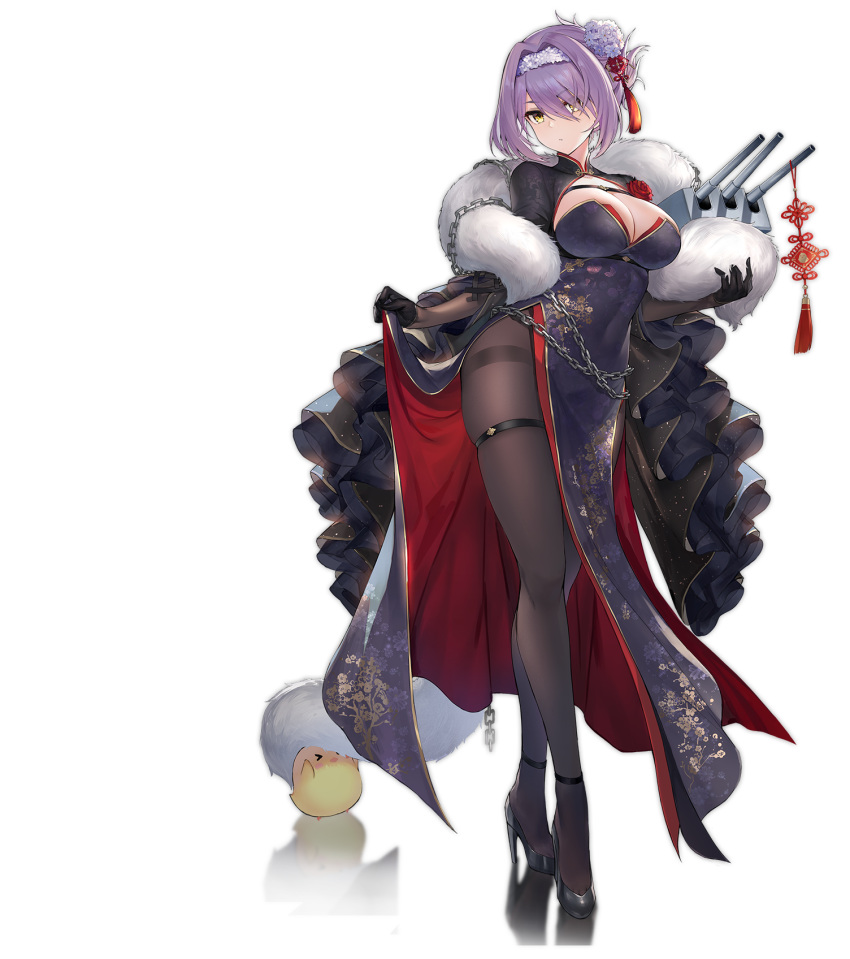 azur_lane black_footwear black_gloves black_pantyhose blush breasts chains china_dress chinese_clothes cleavage closed_mouth clothes_lift crossed_legs dress dress_lift expressionless feather_boa female flower folded_ponytail full_body gloucester_(azur_lane) gloucester_(brilliance_in_purple)_(azur_lane) gloves hair_flower hair_intakes hair_ornament hairband high_heels highres holding inayama large_breasts long_sleeves looking_at_viewer manjuu_(azur_lane) official_alternate_costume official_art pantyhose purple_dress purple_hair rigging short_hair shrug_(clothing) side_slit sidelocks skindentation solo standing thigh_strap thighband_pantyhose transparent_background turret watson_cross yellow_eyes