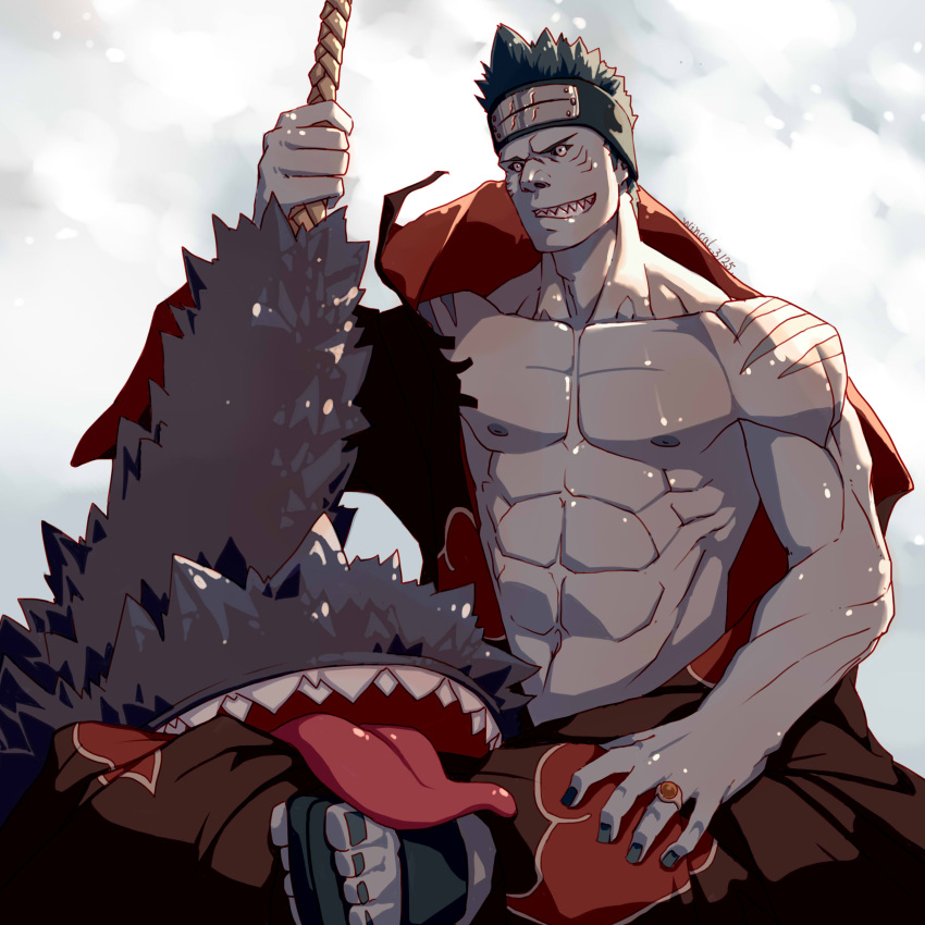 1boy abs absurdres akatsuki_uniform bare_pectorals blue_hair colored_skin fins fish_boy forehead_protector grey_skin grin hadanugi_dousa highres holding holding_sword holding_weapon hoshigaki_kisame jewelry kirigakure_symbol living_weapon male_focus monster monster_boy muscular muscular_male naruto naruto_(series) navel ninja nipples pectorals ring samehada_(naruto) shark_boy sharp_teeth short_hair sitting smile snowing solo spiked_hair stomach sword teeth tongue tongue_out weapon wincalblanke