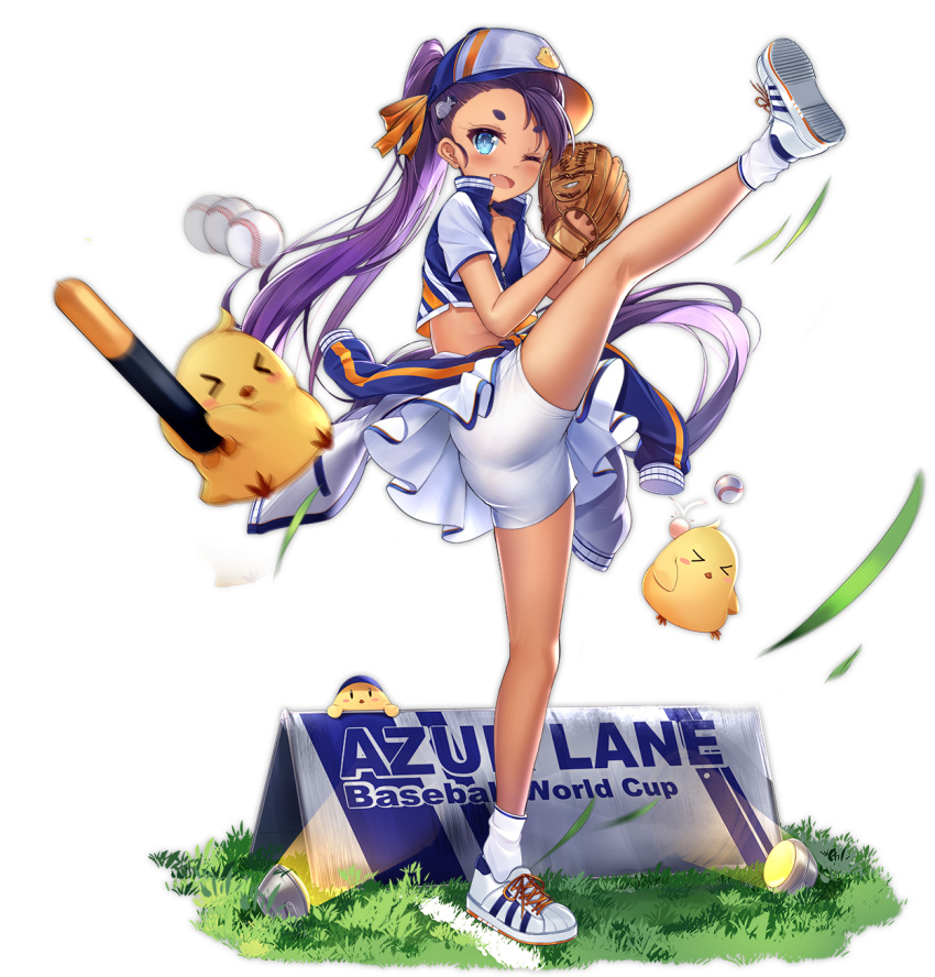 ass azur_lane baseball baseball_cap baseball_mitt bird blue_eyes bluegill_(azur_lane) bluegill_(up-and-coming_infielder)_(azur_lane) blush chick cloud dango_remi dark-skinned_female dark_skin female full_body hat head_bump highres leg_up legs long_hair manjuu_(azur_lane) midriff oerba_yun_fang official_alternate_costume official_art one_eye_closed open_mouth purple_hair ribbon shoes short_eyebrows shorts shorts_under_skirt skirt sky sneakers socks solo standing standing_on_one_leg tan transparent_background white_footwear white_shorts white_skirt white_socks yellow_ribbon