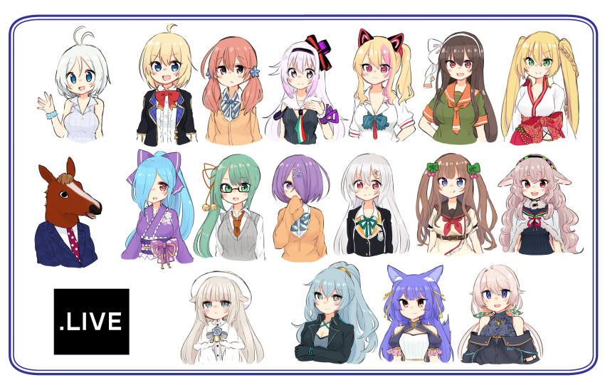 .live 6+girls absurdres animal_ears bacharu_(vtuber) carro_pino commentary_request dennou_shoujo_siro glasses gloves hair_ornament hair_over_one_eye hair_ribbon headband highres jacket kagura_suzu_(.live) kakyouin_chieri kitakami_futaba kongou_iroha long_hair merry_milk mokota_mememe mokumokuuma multiple_girls nanahoshi_milily nekonoki_mochi open_mouth ribbon rikumu rurun_rururica school_uniform smile ushimaki_riko virtual_youtuber x_hair_ornament yaezawa_natori yamato_iori yozakura_tama