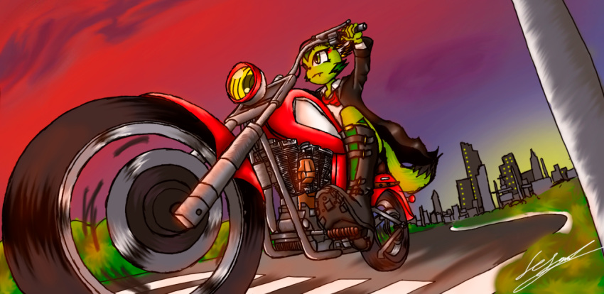 anthro boots carol_tea clothed clothing dipstick_tail felid feline felis female footwear freedom_planet fur galaxytrail green_body green_fur mammal markings motorcycle multicolored_tail outside ses_loera_lopez solo sunset tail tail_markings vehicle wildcat