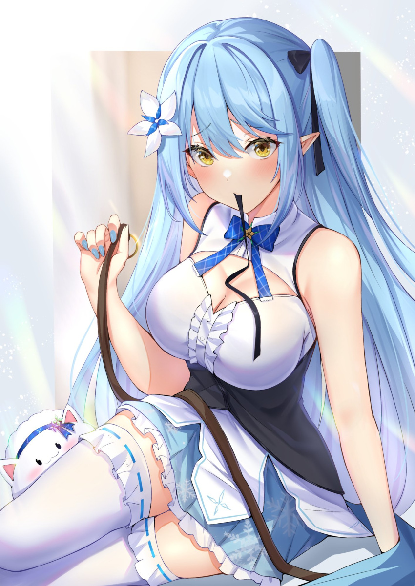 bare_shoulders belt blue_bow blue_bowtie blue_hair blue_nails blue_skirt blush bow bowtie breasts brown_belt cleavage female flower frilled_skirt frills hair_flower hair_ornament hand_up highres holding holding_belt holding_ribbon hololive large_breasts long_hair looking_at_viewer menmen_(menmen13s) mouth_hold nail_polish official_alternate_hairstyle pointy_ears raised_eyebrows ribbon shirt side_ponytail sitting skirt sleeveless sleeveless_shirt snowflake_print solo thighhighs unworn_belt virtual_youtuber white_flower white_thighhighs yellow_eyes yukihana_lamy yukihana_lamy_(1st_costume) yukimin_(yukihana_lamy) zettai_ryouiki