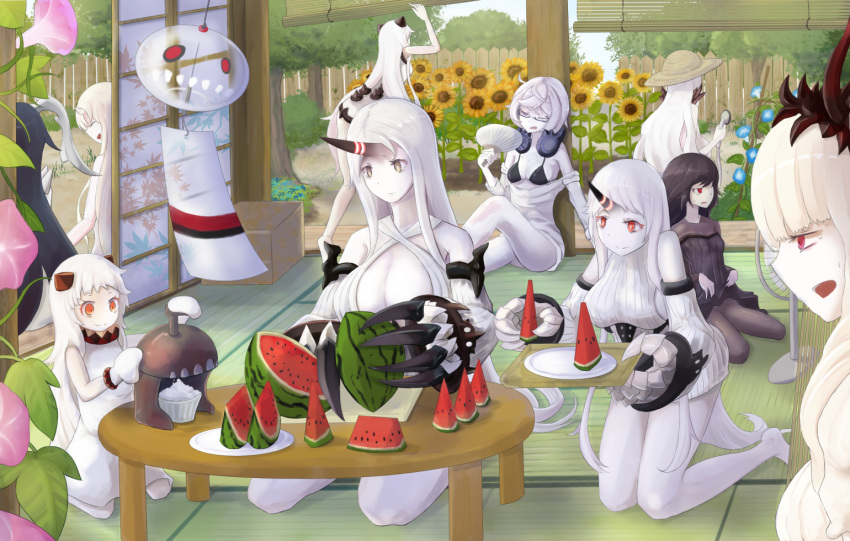 6+girls abyssal_ship bamboo_screen barefoot black_hair character_request colored_skin flower food fruit horns isolated_island_oni kantai_collection lycoris_princess mizuchi_(mizuchi7118) morning_glory multiple_girls northern_ocean_princess oni seaport_princess seaport_water_oni shaved_ice single_horn sunflower supply_depot_princess watermelon white_hair white_skin