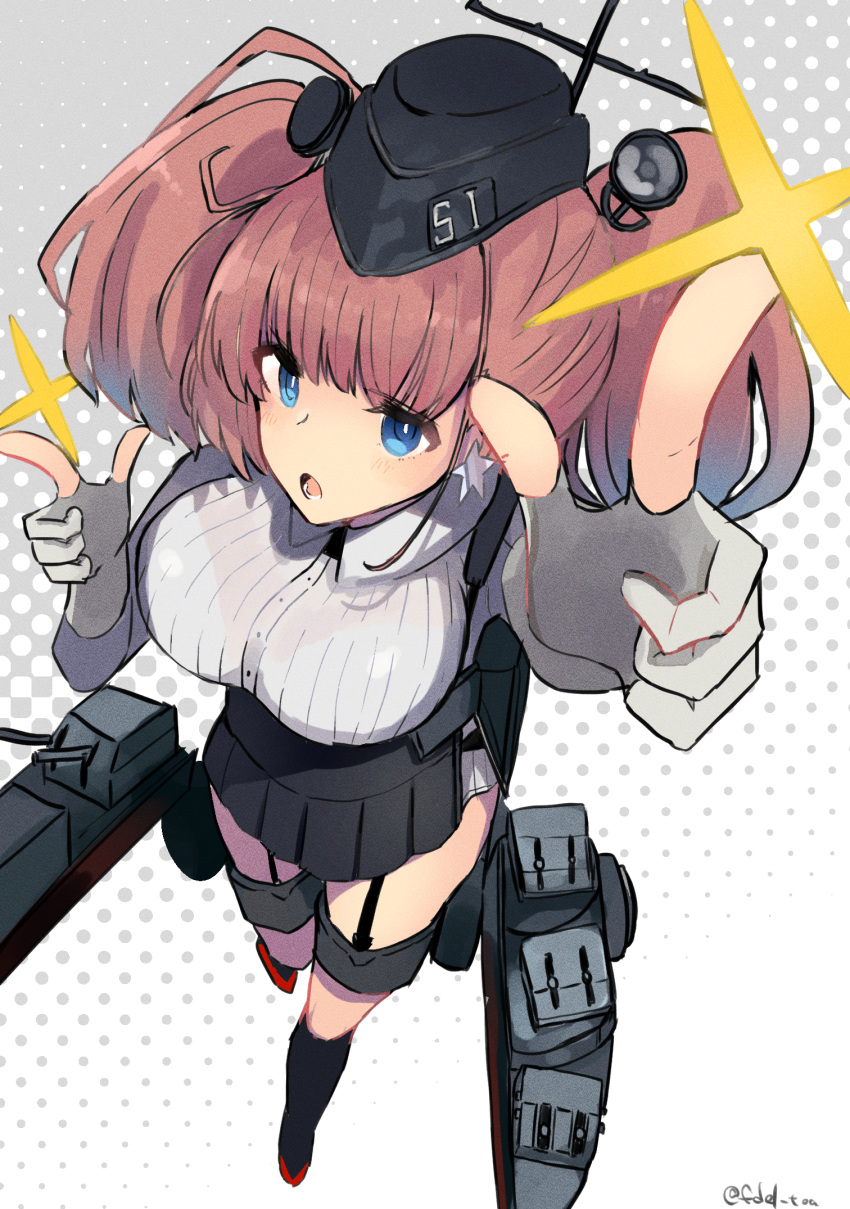 anchor_hair_ornament arm_up atlanta_(kancolle) bad_id bad_twitter_id black_footwear black_headwear black_skirt breasts brown_hair dress_shirt earrings female fujiyama_ichiha garrison_cap garter_straps gloves gradient_background grey_eyes hair_ornament hat high-waist_skirt highres jewelry kantai_collection large_breasts long_hair long_sleeves partially_fingerless_gloves shirt skirt star_(symbol) star_earrings suspender_skirt suspenders thigh_strap thighs turret two_side_up white_shirt