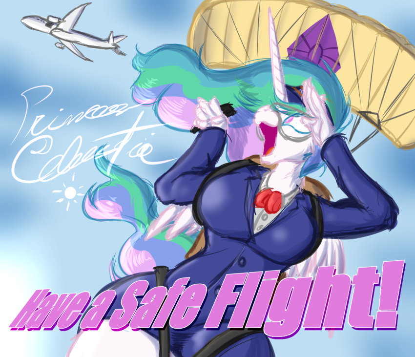 aircraft airplane alicorn anthro anthrofied clothing dialogue english_text equid equine eyewear female friendship_is_magic frist44 gesture goggles hair hasbro hi_res horn mammal multicolored_hair my_little_pony mythological_creature mythological_equine mythology parachute parachuting princess_celestia_(mlp) salute solo text vehicle wings