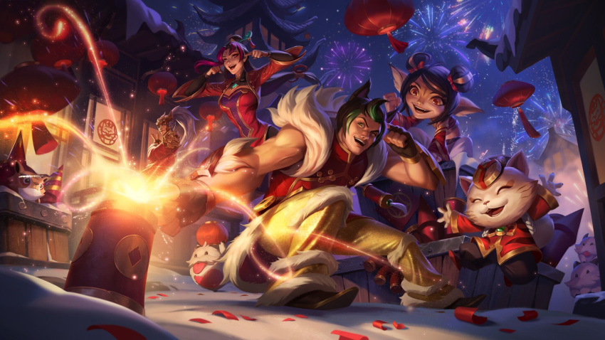 animal_ears bag battle biceps black_hair bow bowtie breasts cat_ears china_dress chinese_clothes chinese_lantern_(plant) chinese_new_year city cleavage closed_eyes coin crossed_arms diana_(league_of_legends) dress festival firecracker_diana firecracker_sett firecracker_tristana firecracker_xin_zhao fireworks gauntlets hat helmet highres jacket lantern league_of_legends lionsong long_hair long_sleeves manly muscular muscular_male night night_sky official_art one_eye_closed open_mouth outdoors pants ponytail poro_(league_of_legends) red_hair sett_(league_of_legends) shoes shoulder_pads sky sleeveless smile squatting teemo third-party_source tight_clothes tight_pants tristana v veins veiny_arms white_fur white_hair xin_zhao yordle