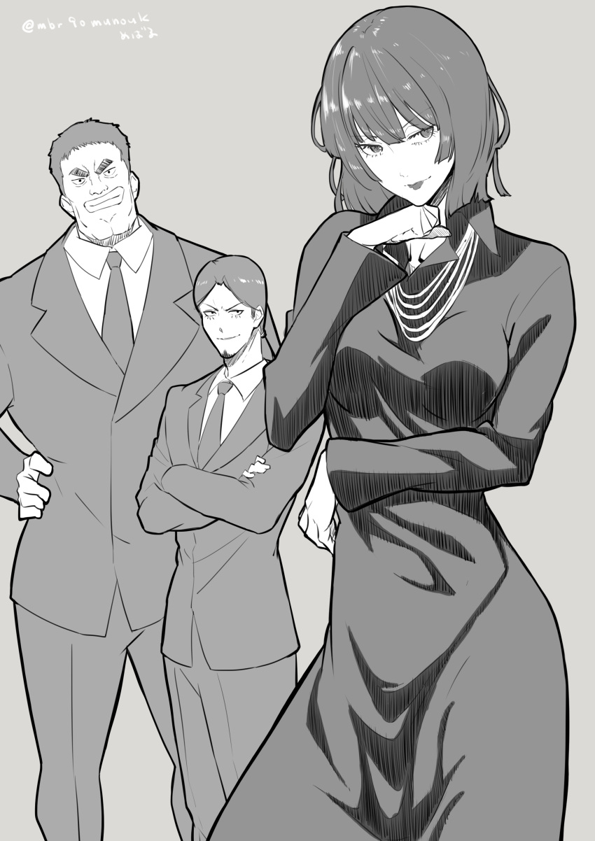 2boys absurdres artist_name bob_cut commentary dress facial_hair female fubuki_(one-punch_man) goatee greyscale highres jewelry lips matsuge_(one-punch_man) mbr90munouk monochrome multiple_boys necklace one-punch_man short_hair signature simple_background yamazaru_(one-punch_man)