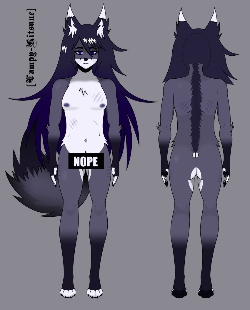 absurd_res alternative_fashion anthro areola blue_eyes canid canine canis censor_bar dark_body dark_fur dark_hair fangs fox fur goth hair hi_res hybrid long_hair male mammal model_sheet naitokitsune nipples pawpads purple_areola purple_nipples scratches solo teeth wolf