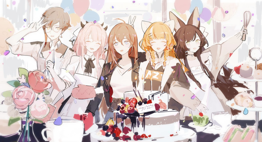 1boy 4girls ^_^ animal_ears anya_pandaria apron atelier_live balloon black_choker braid brown_hair bunny_ears_prank cake chai_(vtuber) choker closed_eyes dragon_girl dragon_horns english_commentary europa_yuu flower food fox_ears fox_girl glasses horns kuzuryu_io multicolored_hair multiple_girls nanatsuki_nana oerba_yun_fang open_mouth orange_hair pale_color pink_flower pink_hair pink_rose protected_link red_flower red_rose rose round_eyewear skin_fang streaked_hair twin_braids v virtual_youtuber white_hair white_theme yellow_eyes yueko_(jiayue_wu)