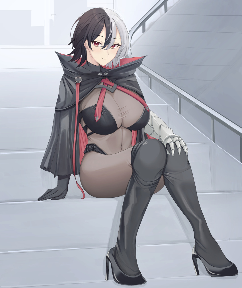 absurdres armored_gloves asymmetrical_gloves azur_lane black_capelet black_footwear black_gloves black_hair bodystocking boots breasts bruenhilde_(azur_lane) capelet cleavage cross female gloves hair_between_eyes high_heels highres huge_breasts iron_cross knee_boots multicolored_hair on_stairs red_eyes ref_(pmxt4483) short_hair single_glove sitting sitting_on_stairs split-color_hair stairs thighs two-tone_hair white_hair