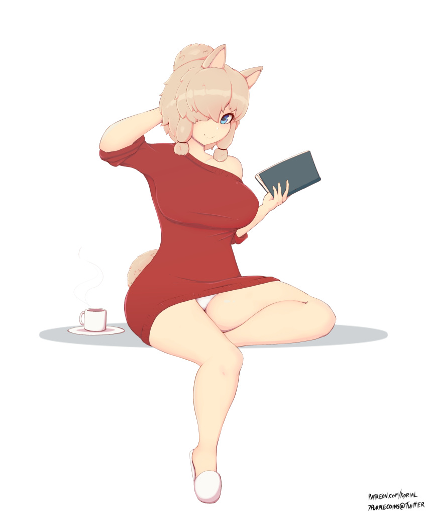 absurdres alpaca_ears alpaca_girl alpaca_suri_(kemono_friends) alpaca_tail animal_ears arm_behind_head arm_up blonde_hair blue_eyes breasts closed_mouth collarbone commentary commission cup female full_body hair_bun hair_over_one_eye hand_up highres holding holding_notebook horizontal_pupils kemono_friends korial large_breasts medium_hair notebook panties sandals saucer simple_background single_hair_bun sitting smile solo stomach tail underwear watermark web_address white_background white_panties