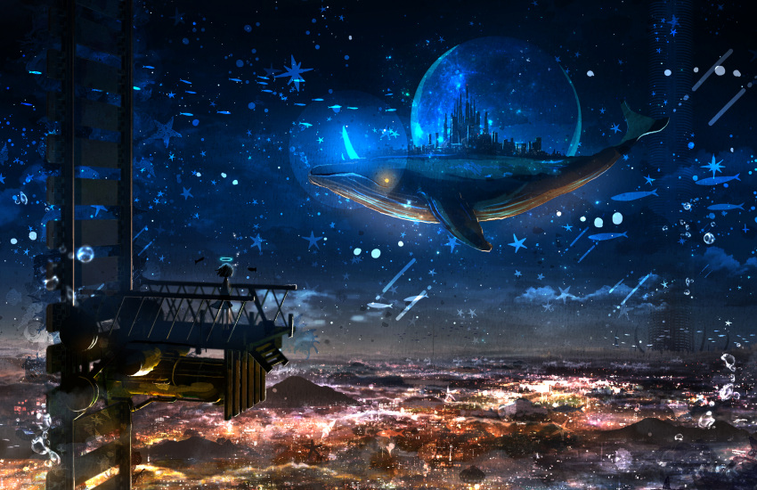 black_hair bubble city cloud commentary dress female fish flying_fish flying_whale full_moon halo highres medium_hair moon night night_sky original outdoors rinneko_(rinne_paint) scenery seashell shell sky solo star_(symbol) starfish very_wide_shot whale