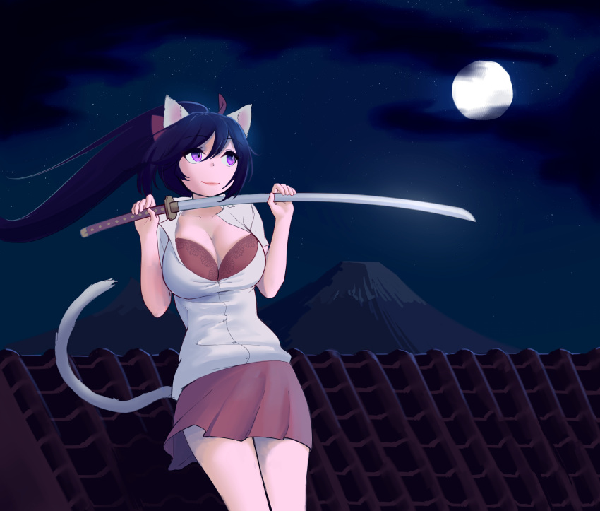 :3 absurdres animal_ears blue_hair bow bra breasts burunpuku cat_ears cat_girl cat_tail cleavage closed_mouth commentary_request female hairbow highres holding holding_sword holding_weapon katana large_breasts lingerie long_hair looking_to_the_side moon night noihara_himari omamori_himari open_clothes ponytail purple_eyes shirt skirt smile solo sword tail underwear weapon white_shirt