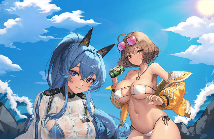 2girls 2v_(joyeong) absurdres anis_(nikke) anis_(sparkling_summer)_(nikke) bare_shoulders bikini bikini_under_clothes blue_bikini blue_eyes blue_hair blue_sky breasts brown_hair eyepatch_bikini eyewear_on_head goddess_of_victory:_nikke hair_intakes helm_(aqua_marine)_(nikke) helm_(nikke) highres jacket large_breasts long_hair looking_at_viewer multiple_girls official_alternate_costume pink-tinted_eyewear see-through see-through_shirt shirt short_hair sky smile swimsuit thighs tinted_eyewear wet wet_jacket white_bikini white_shirt yellow_eyes yellow_jacket