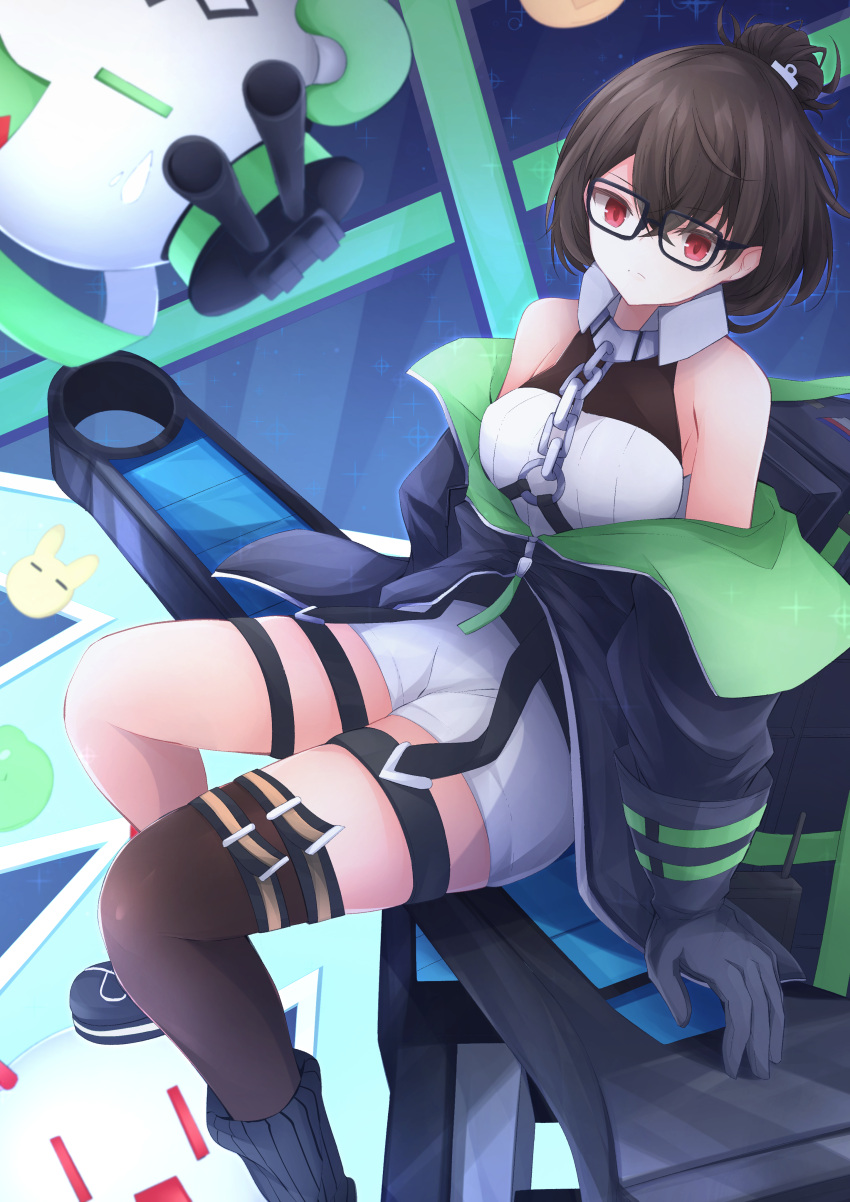 absurdres asymmetrical_legwear azur_lane bare_shoulders black_coat black_gloves breasts brown_hair brown_thighhighs chains coat female from_above glasses gloves hair_ornament hairclip highres indoors ingraham_(azur_lane) leotard medium_breasts medium_hair messy_hair open_clothes open_coat osatou_(soul_of_sugar) red_eyes shorts single_thighhigh sitting solo strapless strapless_leotard thighhighs white_shorts