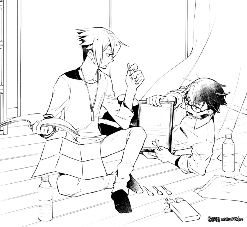 2boys annoyed book bottle box collared_shirt crossed_legs glasses greyscale gundam gundam_build_divers holding holding_book holding_tablet_pc kagamiko looking_down lying male_focus monochrome multiple_boys nanase_kouichi on_side open_mouth shiba_tsukasa shirt sweat tablet_pc undercut water_bottle