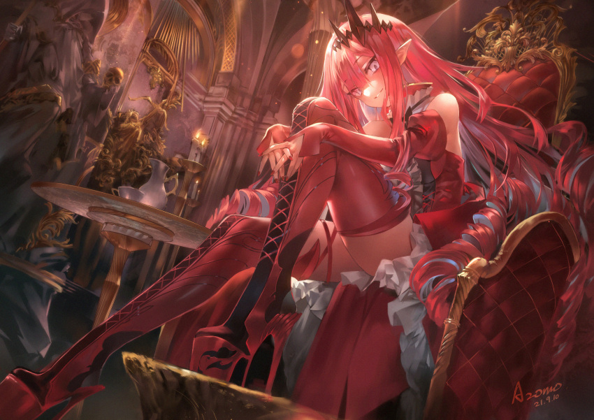 azomo baobhan_sith_(fate) baobhan_sith_(first_ascension)_(fate) bare_shoulders boots breasts center_frills detached_collar detached_sleeves dress earrings fate/grand_order fate_(series) female frills grey_eyes grin highres jewelry long_hair looking_at_viewer medium_breasts pink_hair pointy_ears red_dress red_footwear sidelocks sitting smile solo thigh_boots thighhighs thighs tiara