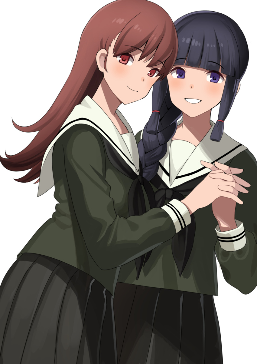 2girls akagi_kurage black_hair black_neckerchief black_sailor_collar black_skirt blush braid brown_eyes brown_hair green_serafuku highres kantai_collection kitakami_(kancolle) long_hair looking_at_viewer multiple_girls neckerchief ooi_(kancolle) pleated_skirt purple_eyes sailor_collar school_uniform serafuku shibafu_(glock23)_(style) sidelocks simple_background single_braid skirt smile white_background