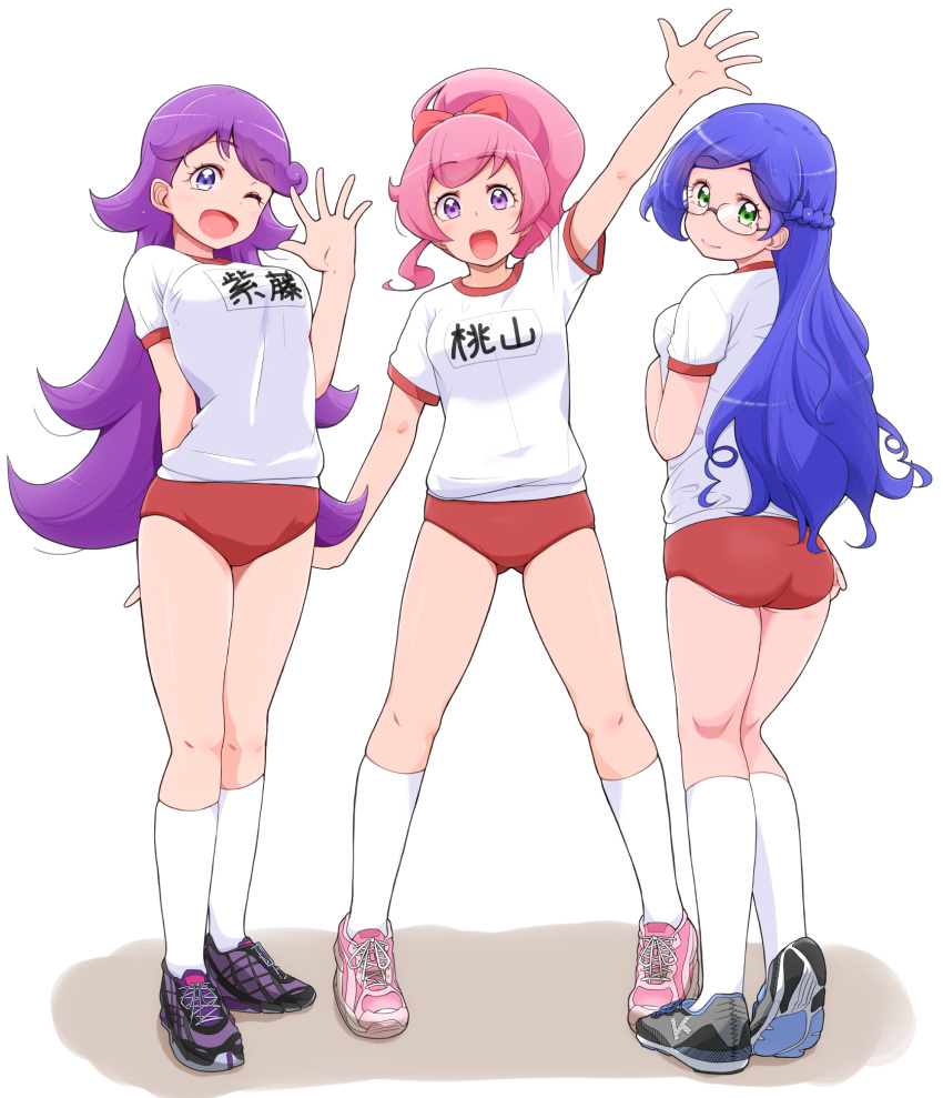 3girls :d aoba_rinka ass black_footwear blue_hair bow braid buruma closed_mouth commentary_request french_braid glasses green_eyes gym_uniform hairbow hand_up highres kiratto_pri_chan kneepits looking_at_viewer momoyama_mirai multiple_girls name_tag one_eye_closed open_mouth pink_bow pink_footwear pink_hair pretty_series purple_eyes purple_footwear purple_hair red_buruma semi-rimless_eyewear shido_mel shirt shoes smile socks under-rim_eyewear white_background white_legwear white_shirt yonekura_hisaki