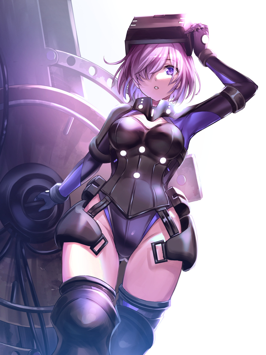 armor breasts commentary_request fate/grand_order fate_(series) female gyoza_(pi512126) hair_over_one_eye highres hip_armor holding holding_shield looking_at_viewer mash_kyrielight mash_kyrielight_(ortenaus) partial_commentary pink_hair purple_eyes shield short_hair simple_background solo upper_body white_background wide_hips