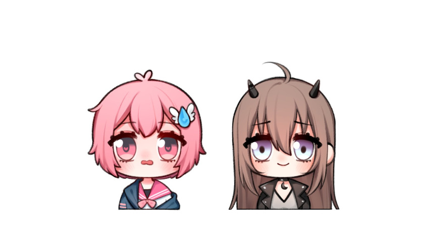 2girls atelier_live black_choker black_jacket blue_eyes blue_sweater blush brown_hair chibi choker crescent_choker english_commentary jacket leather leather_jacket mier_(miermir_) multiple_girls nanatsuki_nana off_shoulder open_mouth pink_eyes pink_hair short_hair smile sweater virtual_youtuber water_drop_hair_ornament white_background winged_hair_ornament yamane_chiika