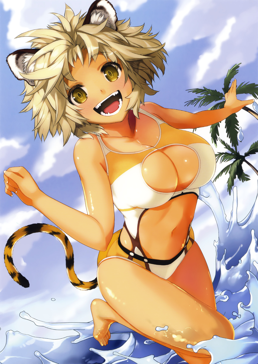 :d absurdres animal_ears bare_arms bare_legs bare_shoulders barefoot blue_sky blush breasts brown_eyes brown_hair casual_one-piece_swimsuit cleavage cleavage_cutout clothing_cutout cloud cloudy_sky cowboy_shot cropped dark-skinned_female dark_skin day female fingernails hands_up happy highres large_breasts leg_up long_fingernails looking_at_viewer navel non-web_source ocean one-piece_swimsuit open_mouth orange_one-piece_swimsuit original outdoors outstretched_arm palm_tree scan sky smile solo spiked_hair splashing standing standing_on_one_leg stomach swimsuit tail teeth tiger_ears tiger_girl tiger_tail tongue toranoana tree wading wamusato_haru water water_drop white_one-piece_swimsuit