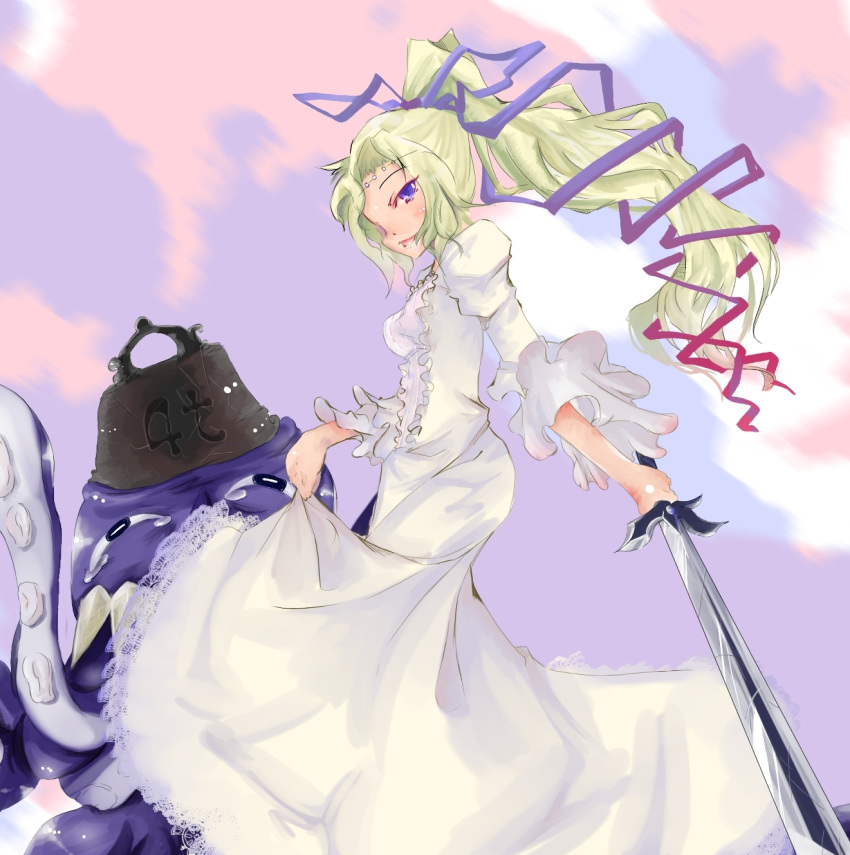 blonde_hair celes_chere dress final_fantasy final_fantasy_vi highres long_hair nazo orthros ponytail purple_eyes ribbon sword tentacle tentacle tiara violet_eyes weapon