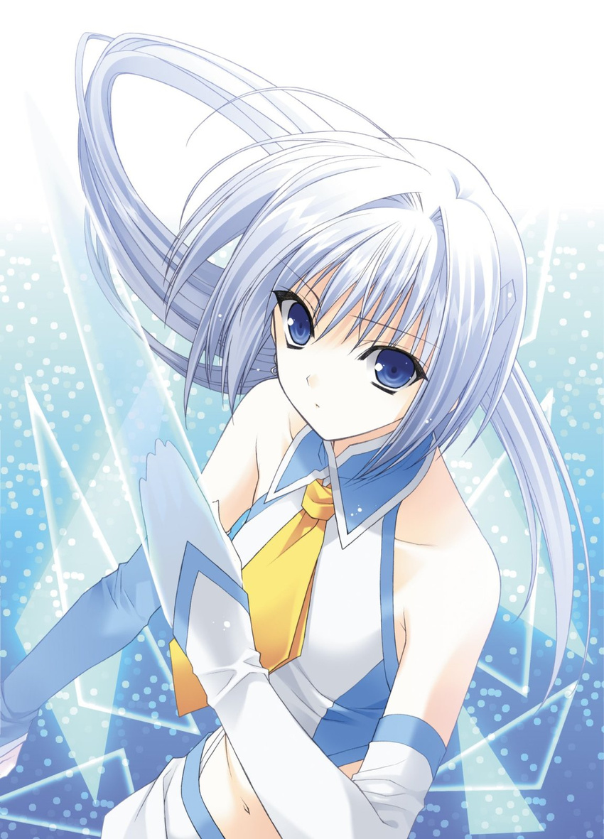 ahoge akikan akikan! bare_shoulders blue_eyes elbow_gloves female fingerless_gloves flat_chest gloves halterneck highres long_hair looking_at_viewer midriff navel necktie silver_hair solo suzuhira_hiro yell