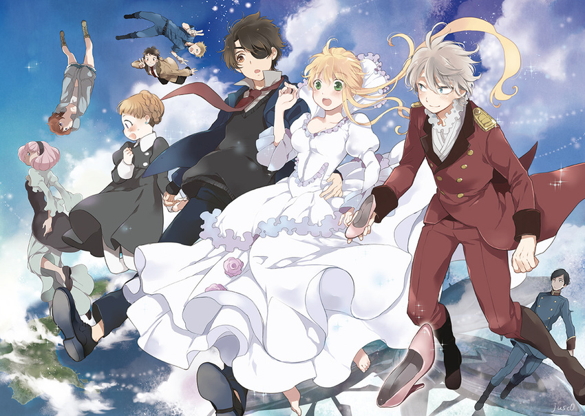 4girls 5boys :d :o aldnoah.zero asseylum_vers_allusia bad_id bad_pixiv_id barefoot blonde_hair blue_eyes blue_sky boots braid brown_eyes brown_hair calm_craftman cloud cutoffs day dress earth_(planet) eddelrittuo eyepatch floating_neckwear flying green_eyes hand_on_another's_hip harklight jusc0 kaizuka_inaho landing_castle lemrina_vers_envers long_hair maid mikuni_okisuke military military_uniform multiple_boys multiple_girls necktie no_socks open_mouth photoshop_(medium) pink_hair planet princess rayet_areash red_hair red_necktie school_uniform shoes short_shorts shorts signature sky slaine_troyard smile sweater_vest uniform unworn_shoes upside-down v white_dress