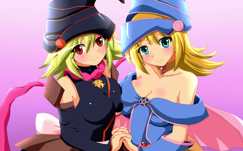 2girls blonde_hair blue_eyes blush breast_press breasts cleavage commentary_request dark_magician_girl duel_monster gagaga_girl gloves hat highres large_breasts long_hair looking_at_viewer multiple_girls red_eyes shuruken_(yuumo) smile yu-gi-oh! yu-gi-oh!_zexal