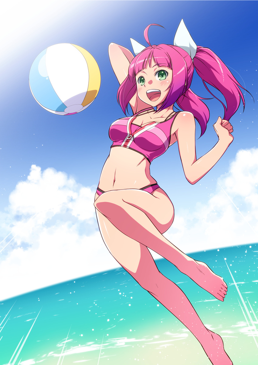 :d ahoge bad_id bad_pixiv_id barefoot beach bikini cloud day feet female green_eyes highres jumping light long_hair navel ocean open_mouth outdoors pink_bikini pink_eyes pink_hair ryo-ma sky smile solo swimsuit toes umi_monogatari urin_(umi_monogatari) volleyball water