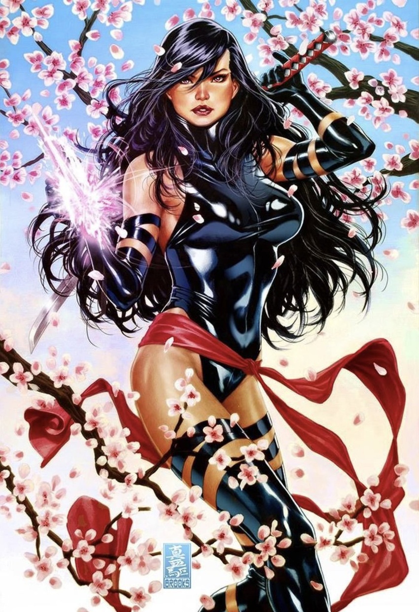 artist_name black_hair branch breasts cherry_blossoms commentary elbow_gloves energy_blade female flower gloves highleg highleg_leotard highres holding holding_sword holding_weapon katana leotard lips long_hair mark_brooks marvel medium_breasts parted_lips psylocke purple_eyes red_sash sash shiny_clothes sleeveless solo sword thighhighs thighs turtleneck weapon x-men