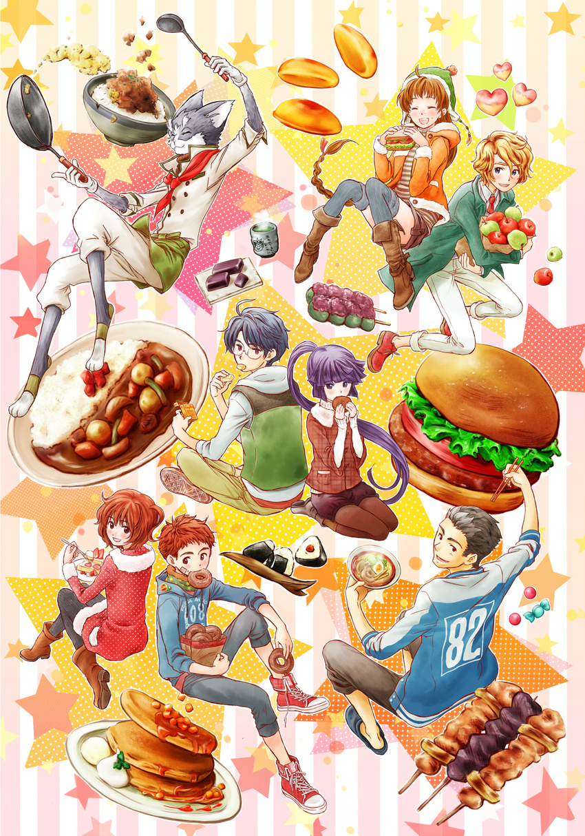 3girls 5boys akatsuki_(log_horizon) apple bad_id bad_pixiv_id blue_hair brown_eyes brown_hair cake cake_slice candy chef closed_eyes coat cup curry curry_rice dango doughnut feline food fruit glasses gloves green_tea highres hood hoodie isuzu_(log_horizon) jacket ladle log_horizon long_hair lunderhaus_cord minori_(log_horizon) multiple_boys multiple_girls naotsugu_(log_horizon) neko_jita noodles nyanta_(log_horizon) onigiri pancake pancake_stack ponytail purple_eyes purple_hair ramen rice sandwich shiroe_(log_horizon) short_hair star_(symbol) strawberry strawberry_shortcake tea touya_(log_horizon) wagashi yunomi