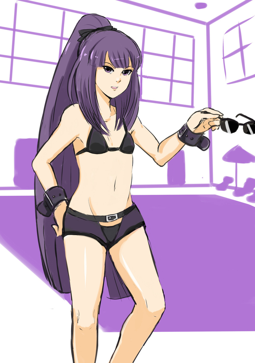 absurdres amanohokosaka_mei bad_id bad_pixiv_id bikini bikini_top_only blazblue female flat_chest hair_ribbon hand_on_own_hip highres holding holding_removed_eyewear long_hair purple_eyes purple_hair red_seiryu ribbon short_shorts shorts sunglasses swimsuit unworn_eyewear very_long_hair wrist_straps xblaze xblaze_code:_embryo