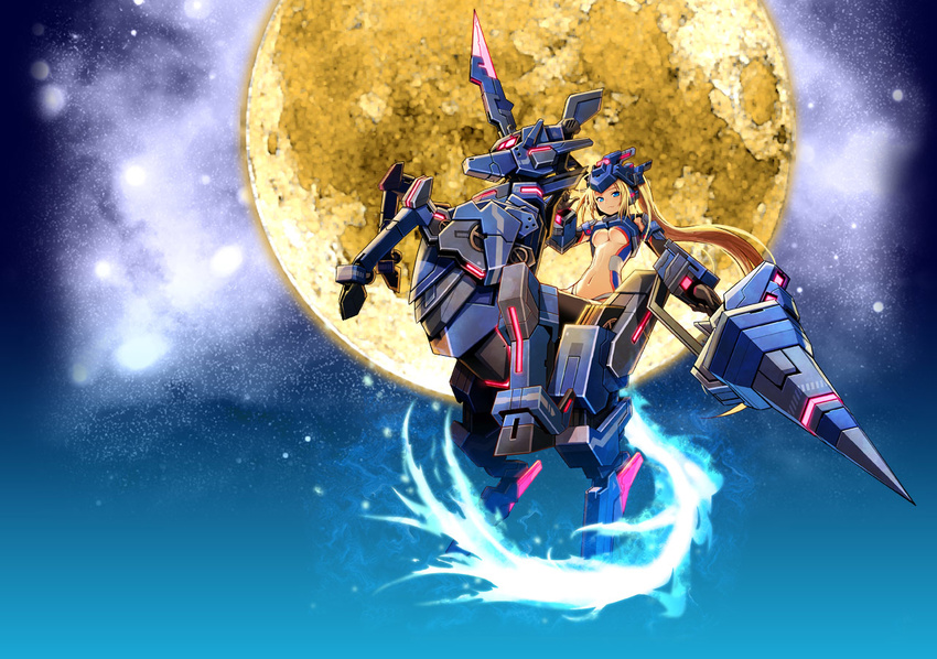 bare_shoulders blonde_hair blue_eyes breasts cosmic_break ex_lazflamme female full_moon gloves glowing lance lazflamme mecha_musume medium_breasts moon morizo_cs navel night night_sky official_art polearm sky underboob unicorn weapon