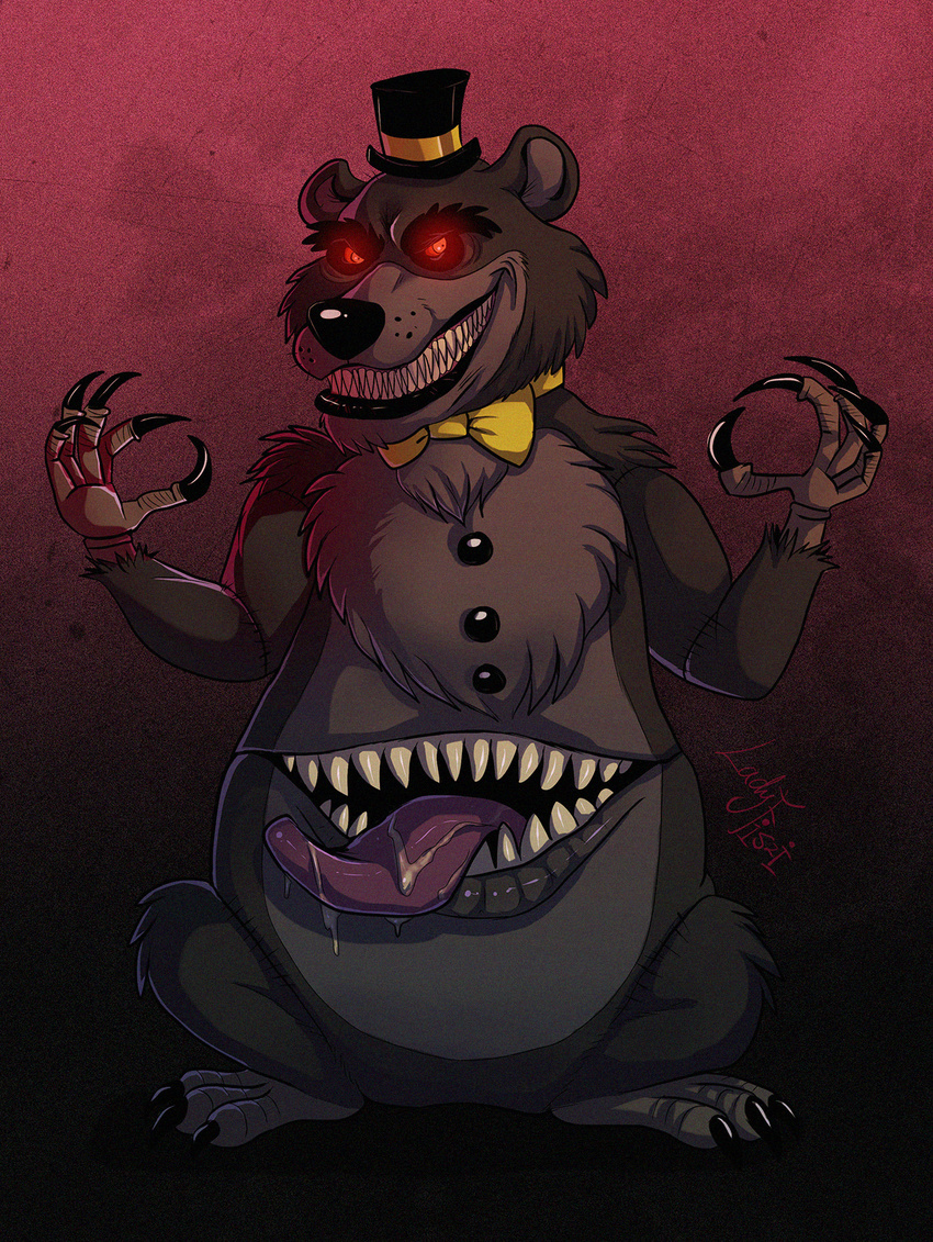 american_black_bear animatronic anthro bear belly_mouth black_bear bow_(feature) bow_tie button_(fastener) claws clothing fiszi five_nights_at_freddy's five_nights_at_freddy's_4 glowing glowing_eyes hat headgear headwear hi_res machine male mammal nightmare_(fnaf) nightmare_fuel red_eyes robot scottgames sharp_teeth teeth tongue top_hat ursine