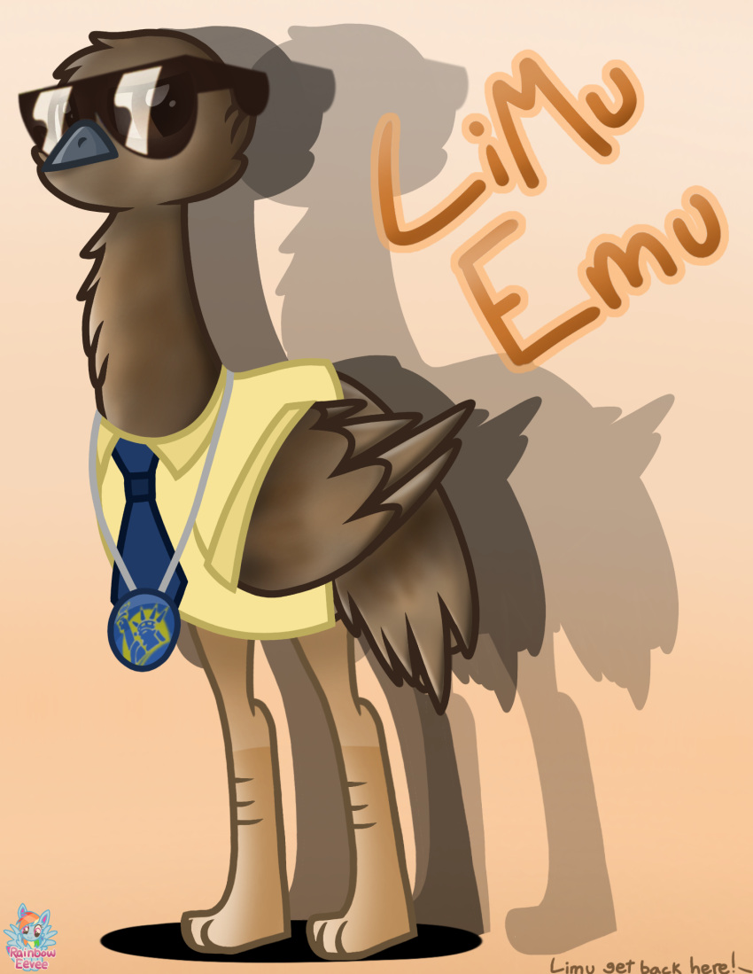 2019 avian beak bird black_beak blue_necktie bottomless bottomless_male brown_body brown_feathers brown_skin brown_text clothed clothed_feral clothing emu eyewear eyewear_on_head feathers feral gradient_background gradient_text hi_res insurance_company jewelry liberty_mutual limu_emu male mascot medal medallion necklace necktie rainboweevee ratite shadow shirt signature simple_background solo standing statue_of_liberty sunglasses sunglasses_on_face sunglasses_on_head tan_background text topwear yellow_clothing yellow_shirt yellow_topwear