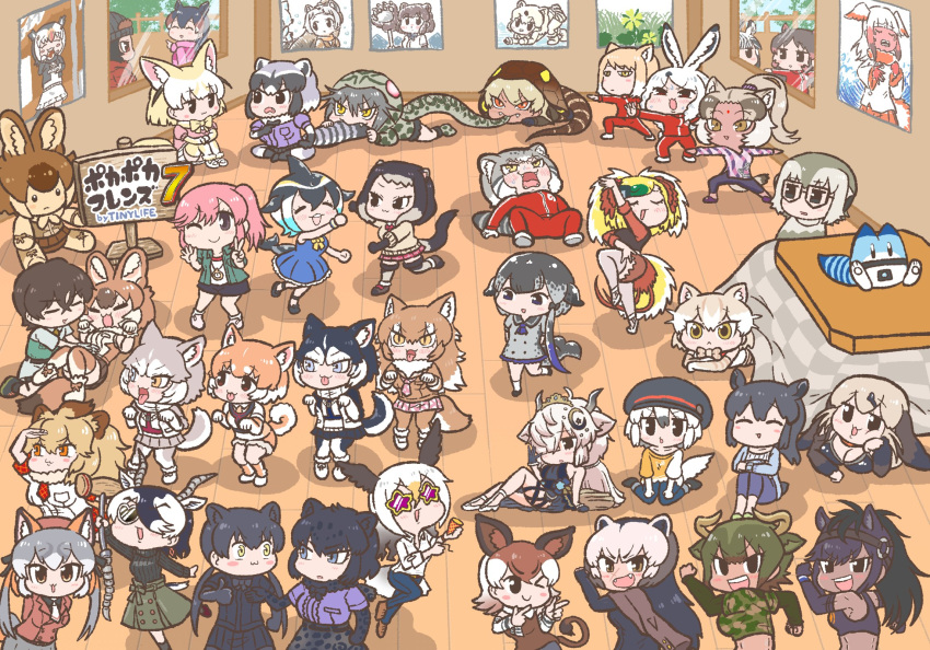 1boy 6+girls :< :3 ;) ^_^ alpine_marmot_(kemono_friends) animal_ears antelope_ears antelope_horns arctic_hare_(kemono_friends) arm_support arms_behind_back atlantic_puffin_(kemono_friends) aurochs_(kemono_friends) badger_ears bald_eagle_(kemono_friends) beanie bear_ears big_hair bird_girl bird_tail bird_wings biting black_eyes black_hair black_jaguar_(kemono_friends) black_leopard_(kemono_friends) blackbuck_(kemono_friends) blue_eyes bow bowtie breasts bridle brown_bear_(kemono_friends) brown_eyes brown_hair brown_sports_bra brown_thoroughbred_(kemono_friends) captain_(kemono_friends) cat_(kemono_friends) cat_ears cetacean_tail chibi cleavage closed_eyes closed_mouth common_dolphin_(kemono_friends) common_raccoon_(kemono_friends) cow_ears cow_horns crescent crescent_hair_ornament dancing dark-skinned_female dark_skin day dhole_(kemono_friends) dog_(mixed_breed)_(kemono_friends) dog_(shiba_inu)_(kemono_friends) dog_ears dog_girl dog_tail dolphin_girl dorsal_fin dress elbow_gloves elbow_rest empty_eyes everyone expressionless extra_ears fangs fennec_(kemono_friends) fins fish_tail fox_ears fox_girl fox_tail fur_collar glasses gloves greater_bird-of-paradise_(kemono_friends) green_hair grey_hair hair_ornament hair_over_one_eye halftone halftone_background hand_on_own_cheek hand_on_own_face hands_up hat head_fins head_rest head_wings heart heart-shaped_eyewear heterochromia highres hippopotamus_(kemono_friends) hood hood_up hooded_jacket horns horse_ears indian_wolf_(kemono_friends) indoors island_fox_(kemono_friends) jacket jaguar_ears jaguar_print japanese_crested_ibis_(kemono_friends) japanese_wolf_(kemono_friends) jitome kemono_friends kemono_friends_3 king_cobra_(kemono_friends) kneeling kotatsu kotobuki_(tiny_life) leaning_back leaning_forward leopard_ears light_brown_hair lion_(kemono_friends) lion_ears long_hair long_sleeves looking_at_another looking_at_viewer lucky_beast_(kemono_friends) lying malayan_tapir_(kemono_friends) medium_hair meerkat_(kemono_friends) meerkat_ears mountain_tapir_(kemono_friends) multicolored_hair multiple_girls nana_(kemono_friends) narwhal_(kemono_friends) necktie oerba_yun_fang official_alternate_costume okapi_(kemono_friends) okapi_ears okapi_tail okinawa_habu_(kemono_friends) on_back on_stomach one_eye_closed open_mouth orange_eyes outstretched_arms ox_ears ox_horns pallas's_cat_(kemono_friends) pants parted_lips paw_pose photo_(object) pink_hair plains_zebra_(kemono_friends) pointing pointing_at_another polar_bear_(kemono_friends) pose poster_(object) print_gloves print_skirt purple_hair rabbit_ears raccoon_ears raccoon_girl raccoon_tail red_hair red_jacket red_pants red_track_suit sable_(kemono_friends) shirt shoes short-sleeved_sweater short_sleeves siberian_husky_(kemono_friends) side_ponytail sidelocks sign sitting skirt smile snake_tail southern_tamandua_(kemono_friends) sports_bra spread_arms standing star-shaped_eyewear star_(symbol) steller's_sea_lion_(kemono_friends) streaked_hair stretching striped_tail sunglasses sweat sweater table tail tamandua_tail tan tapir_ears tibetan_fox_(kemono_friends) tongue tongue_out track_jacket track_pants track_suit tsurime twintails under_kotatsu under_the_table v v-shaped_eyebrows vest western_lowland_gorilla_(kemono_friends) white_hair window wings wolf_ears wolf_girl wolf_tail wolverine_(kemono_friends) wooden_floor yak_(kemono_friends) yellow_eyes yoga zebra_ears