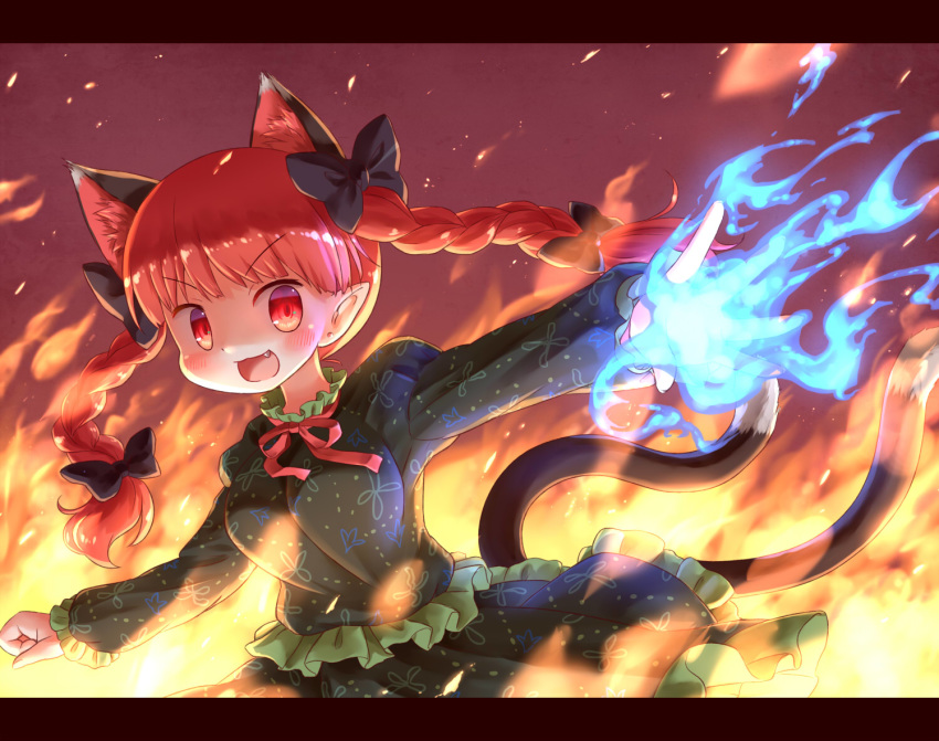 :3 animal_ear_fluff animal_ears arinu blue_fire bow braid cat_ears cat_tail commentary_request embers extra_ears female fire hairbow kaenbyou_rin letterboxed long_sleeves looking_at_viewer multiple_tails neck_ribbon oerba_yun_fang open_mouth pointy_ears red_background red_eyes red_hair ribbon solo tail touhou twin_braids two_tails