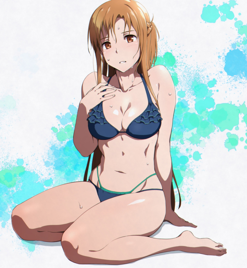 arm_support asuna_(sao) bare_arms bare_legs bare_shoulders barefoot bikini blue_bikini blush braid breasts brown_eyes brown_hair cleavage collarbone commentary_request feet female frilled_bikini frills hand_on_own_chest hand_up highres legs long_hair long_legs looking_at_viewer medium_breasts navel parted_lips puge sitting solo stomach swimsuit sword_art_online thighs toes very_long_hair wet