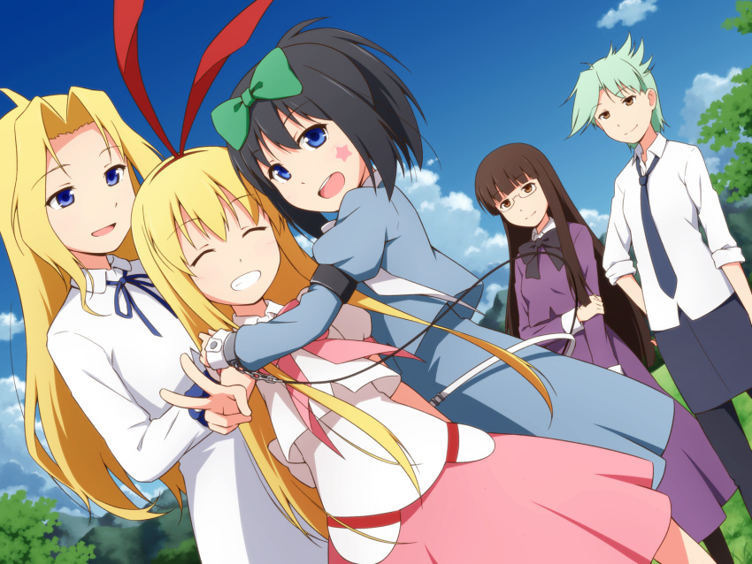 5girls ahoge amae_koromo black_bow black_hair black_legwear blonde_hair blouse blue_dress blue_eyes blue_necktie blue_ribbon blue_skirt blue_sky blunt_bangs blunt_ends bow brown_eyes brown_hair closed_eyes cloud cloudy_sky collared_dress commentary cuffs day dress facial_mark glasses green_hair grin hair_intakes hair_ribbon hand_on_own_arm hand_on_own_hip highres hime_cut hug inoue_jun juliet_sleeves kunihiro_hajime long_dress long_hair long_sleeves looking_at_another looking_at_viewer mashita_(candy_apricot) medium_dress medium_hair miniskirt multiple_girls neck_ribbon necktie outdoors pantyhose ponytail puffy_sleeves purple_dress red_ribbon ribbon ryuumonbuchi_touka saki_(manga) sawamura_tomoki shackles shirt short_hair short_sleeves skirt sky sleeves_rolled_up smile standing star_(symbol) straight_hair v white_dress white_shirt wing_collar