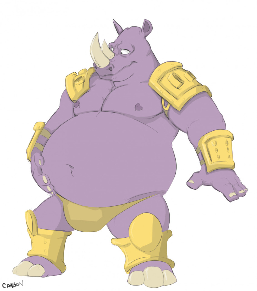 2021 altered_beast anthro belly big_belly canson clothing disney facial_horn hand_on_belly hi_res horn male mammal navel neff_(altered_beast) nipples nose_horn obese obese_anthro obese_male open_mouth overweight overweight_anthro overweight_male purple_body rhinoceros sega signature solo thong underwear van_vader wreck-it_ralph